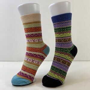 Womens Crew Socks Set 2 Fair Isle Nordic Pattern Cream Green Orange Purple Blue